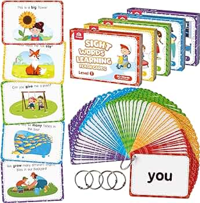 Coogam Sight Words Educational Flashcards - 220 Dolch Sightwords Game with Pictures & Sentences,Literacy Learning Reading Cards Toy for Kindergarten,Home School Kids 3 4 5 Years Old