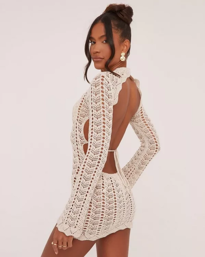 Long Sleeve Tie Open Back Mini Bodycon Dress In Stone Crochet Knit