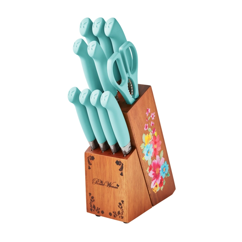 The Pioneer Woman Breezy Blossoms 11-Piece Stainless Steel Knife Block Set, Teal