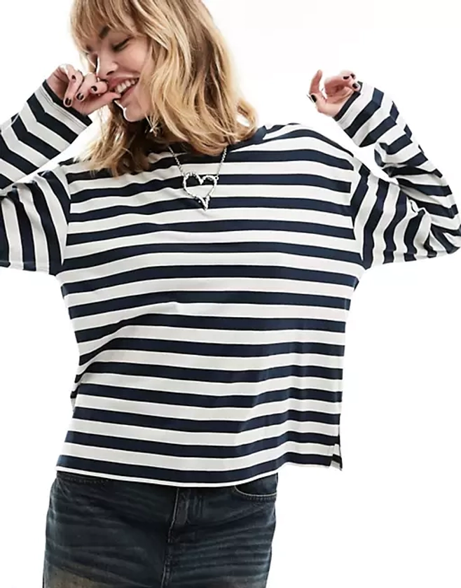 Monki long sleeve top in navy and off white stripes | ASOS