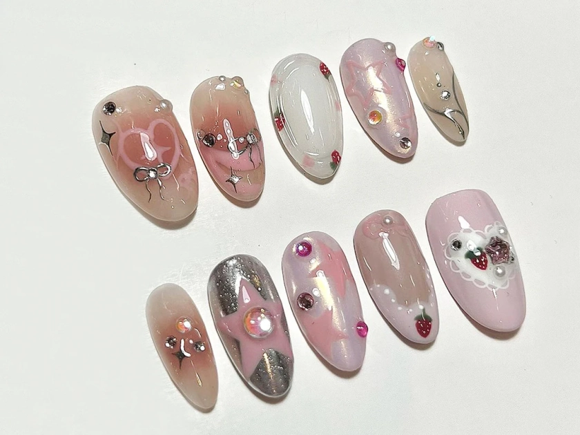 Pastel Pink Gel Nails | Gel-Embossed Press On Nails with Strawberry Designs | Natural Nail Art | The Perfect Choice for Girls | JC182S