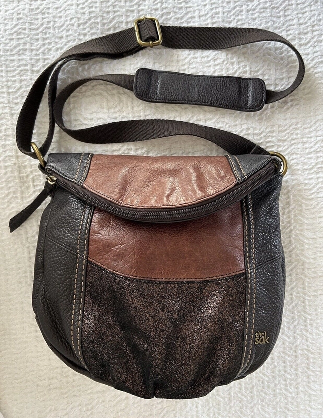 THE SAK Shoulder Bag Crossbody PURSE Handbag Brown/Black Metallic LEATHER•M•VGC