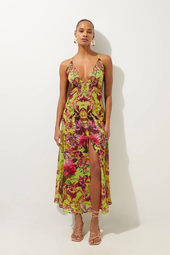 Embellished Mirrored Floral Strappy Beach Maxi Dress | Karen Millen