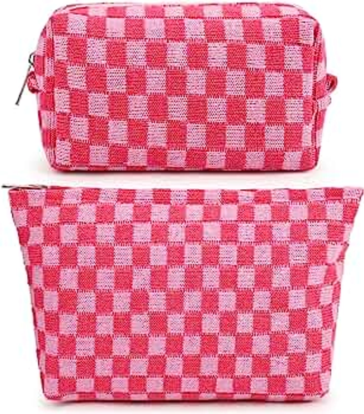 2 Pieces Makeup Bag Large Checkered Cosmetic Bag Pink Capacity Canvas Travel Toiletry Bag Organizer Cute Makeup Brushes Aesthetic Accessories Storage Bag for Women