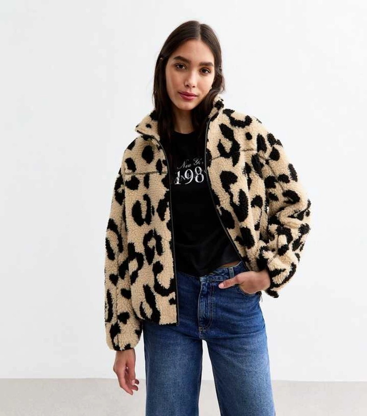 Cream Animal Print Zip Up Borg Jacket | New Look