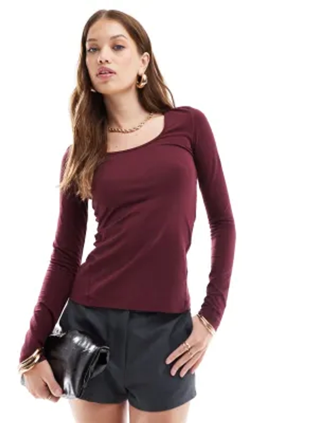 & Other Stories slim fit scoop neck long sleeve top in burgundy | ASOS