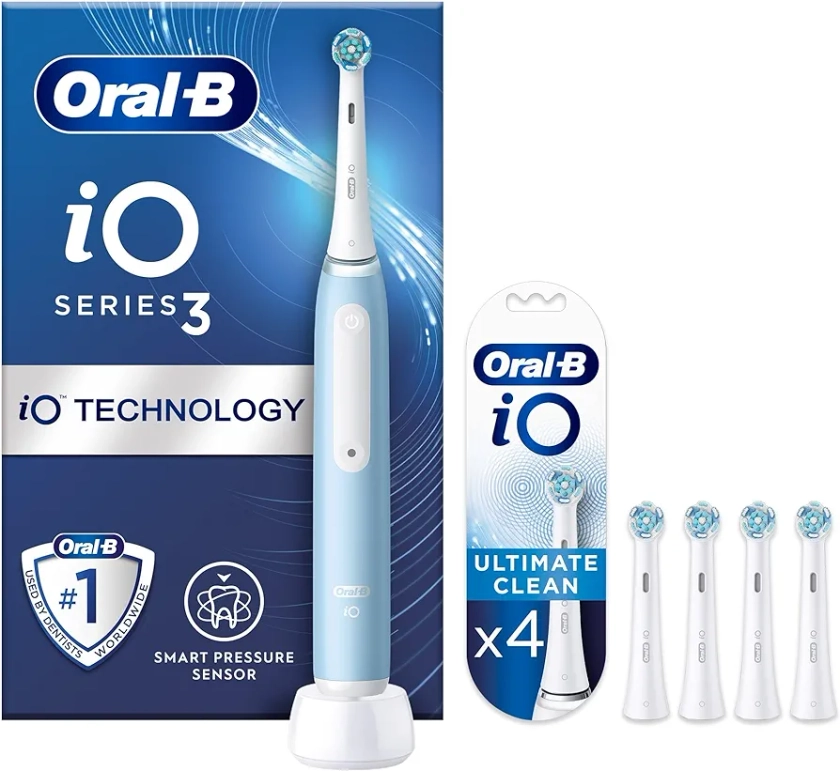 Oral-B iO3 Electric Toothbrushes Adults, Mothers Day Gifts For Her / Him, 4 Toothbrush Heads, 3 Modes With Teeth Whitening, 2 Pin UK Plug, Blue