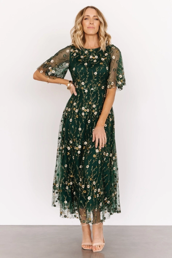 Arabella Embroidered Tulle Maxi Dress | Dark Green Floral