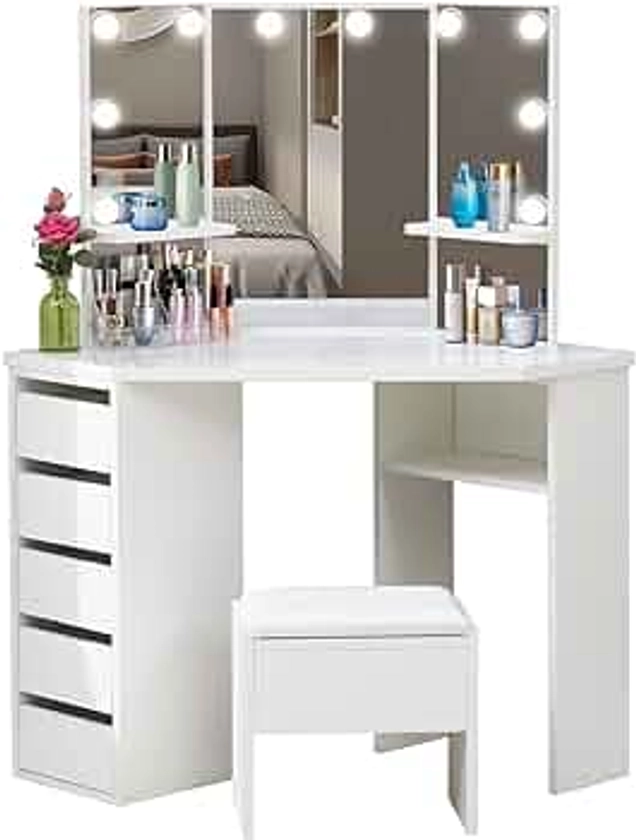 TUKAILAi White Dressing Table Set with Hollywood RGB LED Lights Corner Curved Makeup Desk with 5 Drawer 3 Mirror and Stool Makeup Vanity Table Bedroom Furniture