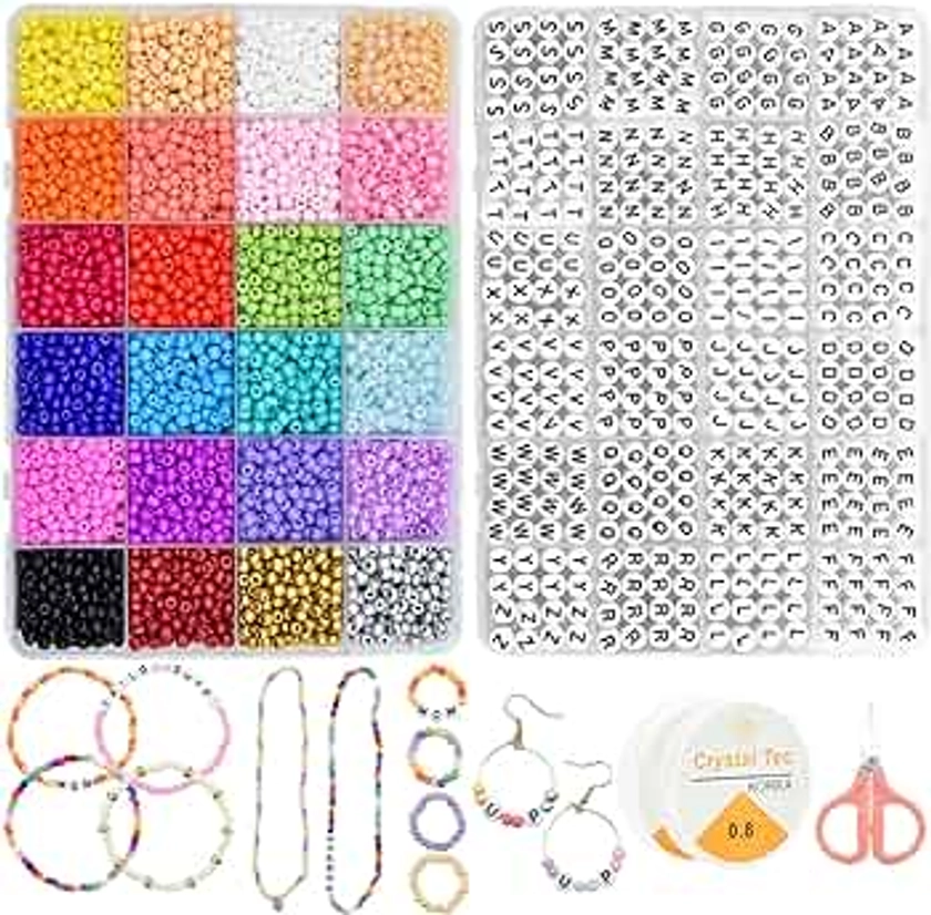 JOJANEAS 6000pcs+ 4mm Seed Beads for Jewelry Making, 1200 Pcs Letter Beads Friendship Bracelet Kit, Glass Seed Beads Bracelets Making Kit with Elastic String - Crafts for Girls Birthday Gifts