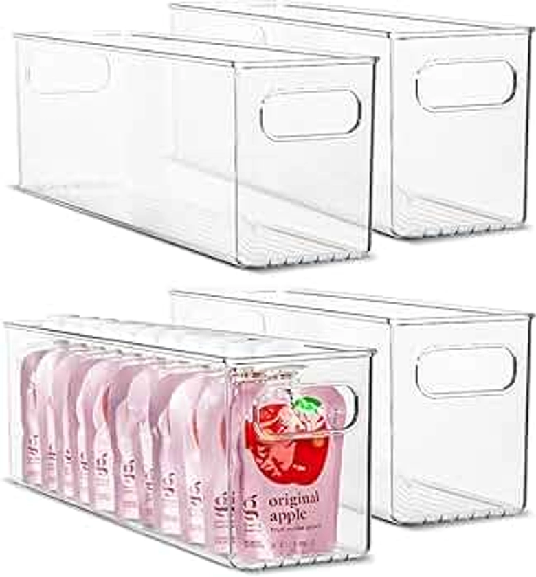 Plastic Food Storage 4 Pack Clear Container Bin with Handles for Organizing Kitchen, Pantry, Fridge, Freezer, Pantry,Bathroom. 16"x4"x5"