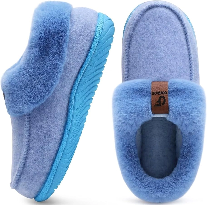 Amazon.com | COFACE Women's Arch Support Memory Foam House Slippers Ladies Warm Fuzzy Faux Fur Collar Winter Moccasin Shoes with Orthotic Plantar Fasciitis Indoor Outdoor Hard Rubber Sole Blue Size 9 | Slippers