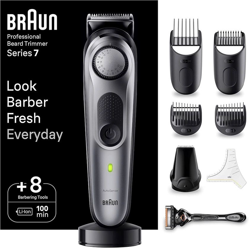 Braun Tondeuse À Barbe Professionnelle 7 BT7420, Electrique, ProBlade, Rasoir de Précision, Styling Grâce À 40 Réglages De Longueurs, Accessoires, Base De Recharge, Étui De Voyage