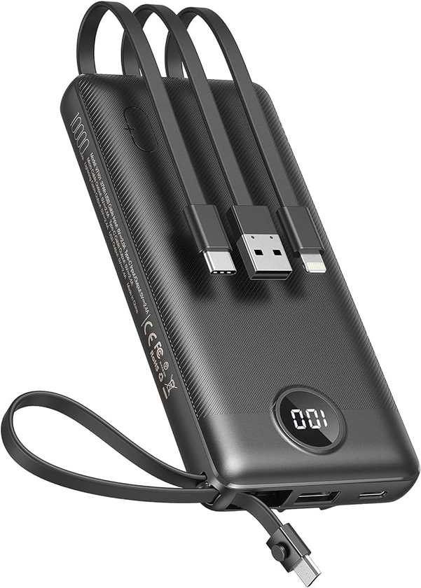 VEEKTOMX Power Bank 10000mAh, Portable Charger with Built-in Cables, USB C External Battery Pack with 5 Outputs and LED Display for iPhone/iPad/Samsung Galaxy and More (10000mAh-Black)