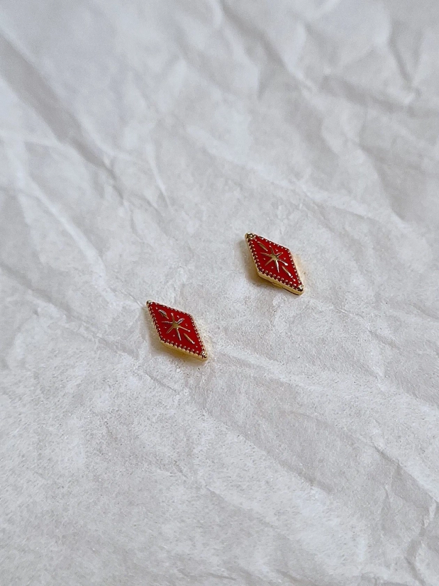 Starburst rhombus studs, Red earrings, Bohemian stud earrings, enamel earrings, Cartilage Helix earrings, Sister gifts, Valentines Day