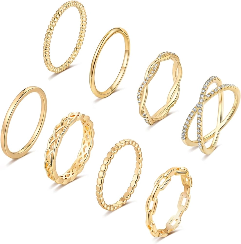 TOBENY 8PCS 14K Plated Gold Rings for Women Stackable Knuckle Rings Gold Silver Size 4 to Size 12 Rings 1.5mm- 3.8mm Midi Stacking Eternity Wedding Rings