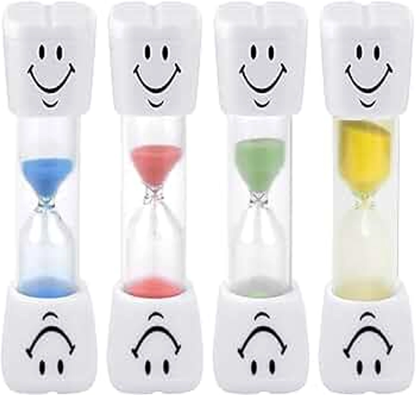 4Pcs Tooth Brushing Sand Timer, Dentinal Timer for Kids, Kids Bathroom Accessories, Hourglass Timer, Smile Sand Egg Timer, Smile and Brush for Healthy Teeth, Blue, Green, Yellow & Red (2 min)