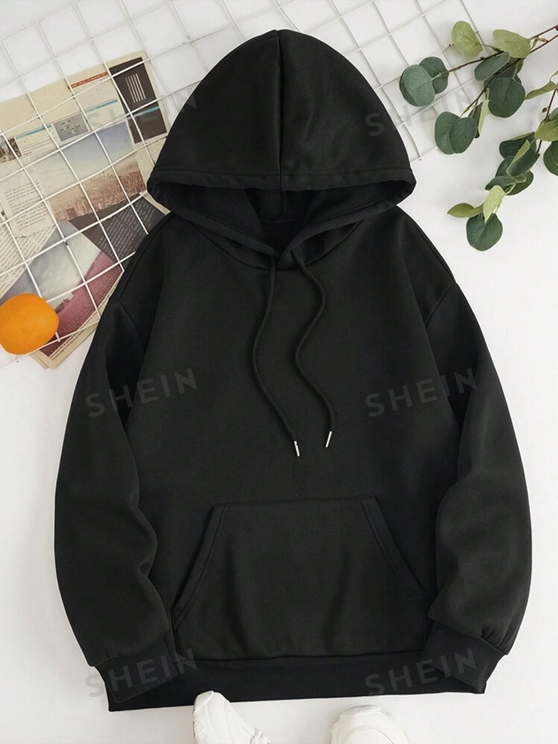 SHEIN EZwear Solid Kangaroo Pocket Drawstring Thermal Lined Hoodie