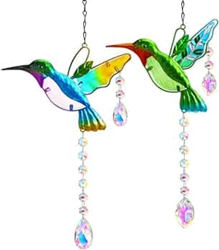 2PCS Hummingbird Suncatchers,Stained Glass Window Hanging Ornament,Rainbow Maker Crystal Prism Suncatcher Outdoor Indoor Home Garden Party Decoration