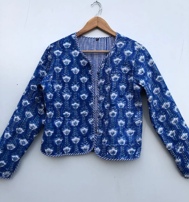 Indigo Blue jacket Indian HandBlock Print Fabric Quilted Jacket Short kimono Women Wear New Style Blue Flower Coat - Etsy France