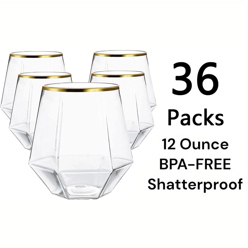 Value Pack 12/24/36pcs 12 Oz Disposable Plastic Wine/Champagne/Whiskey Cups For Office, Bar, And Weddings, Durable Crystal Clear Diamond Golden Edge -