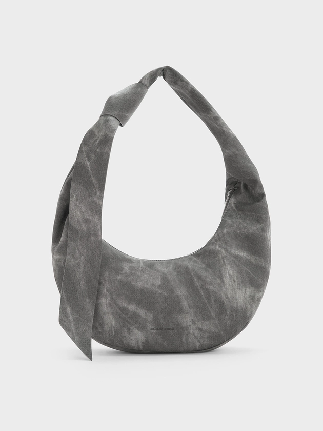 Dark Grey Toni Denim Knotted Curved Hobo Bag | CHARLES & KEITH