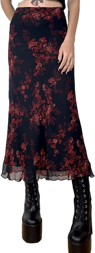 Women Vintage Long Skirt Summer Spring Casual High Waist Retro Floral Print Slim Fit Half Dress Streetwear