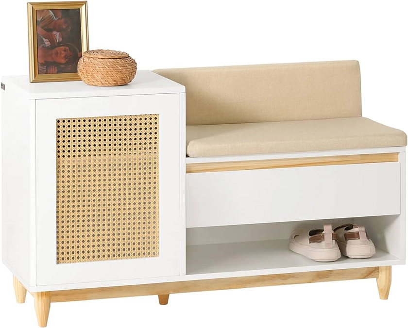 SoBuy Banc de Rangement à Chaussure Meuble d'entrée Porte à Treillis avec Espace de Rangement Armoire à Chaussures avec Coussin et Tiroir sur Pieds, Blanc-Naturel, 100x35x60cm, FSR128-W