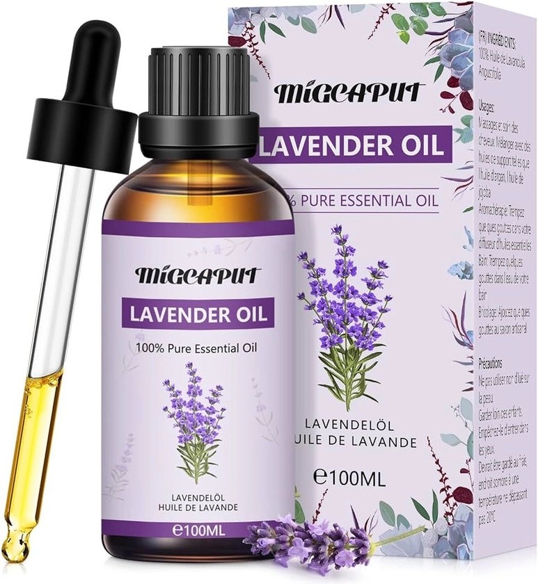 Migcaput Etherische oliën lavendelolie, 100 ml, 100% zuiver natuurlijke, aromatherapie-olie van eersteklas kwaliteit, geuroliën voor diffuser, luchtbevochtiger, ontspannen, massage, bad