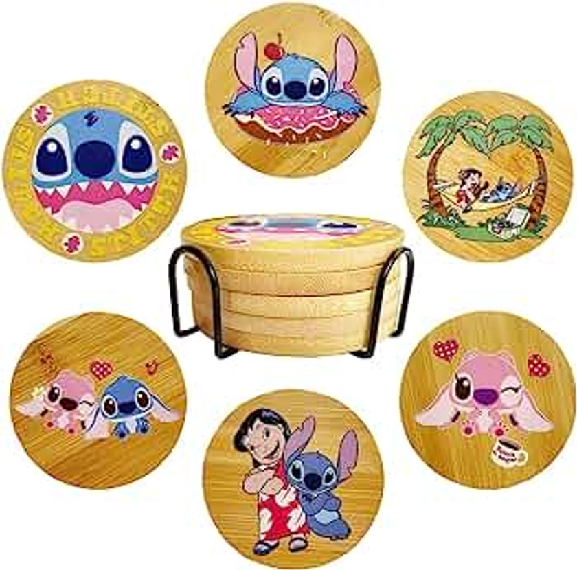 Stitch Coasters for Drinks, 6-Pack of Fun Coasters with Coaster Holders, Bamboo Coasters, Coffee Table Wood Coasters, Cute Coasters for Home Decor, Stitch Merchandise, Stitch Gifts (Type B)