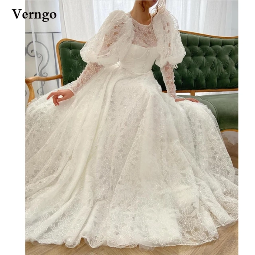 Verngo elegante una linea abito da sposa in pizzo pieno Puff maniche lunghe o-collo maniche abbottonate corsetto corea abiti da sposa per Mariage