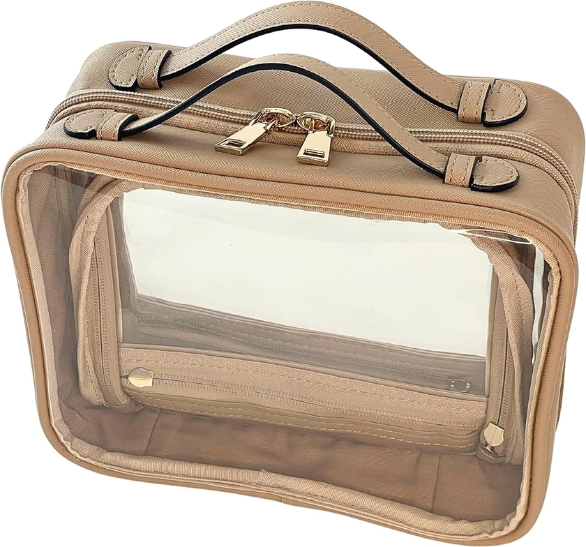 Clear Makeup Bag Toiletry Bag for Women Cosmetic Case Large Capacity Travel Make Up Bag Organizer Transparent Storage Compartment TSA Approved (BEIGE)