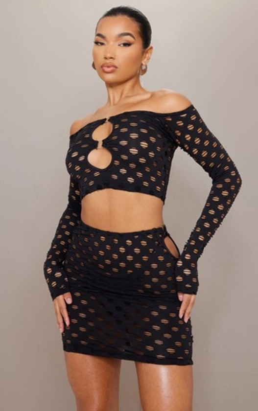 Black Fishnet Ring Detail Bardot Top