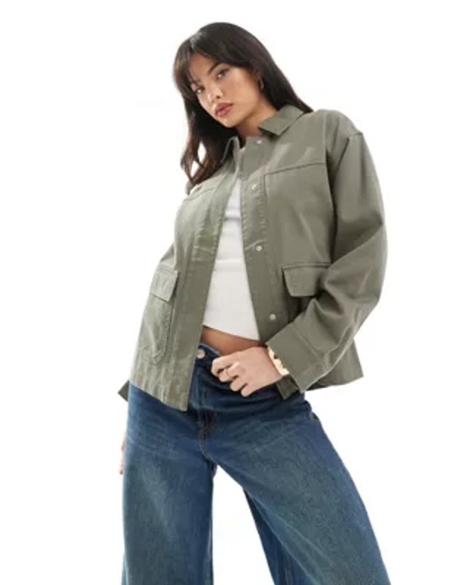 ASOS DESIGN - Camicia giacca in twill di cotone color oliva con tasche