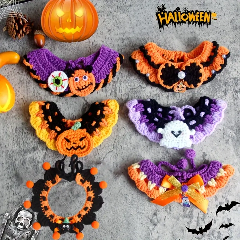 6 Pieces Hand Woven Halloween Cat Bibs Halloween Pet Bib Set Dog Funny Decorative Hand Woven Scarf Set Halloween Hand Woven Bibs | Temu