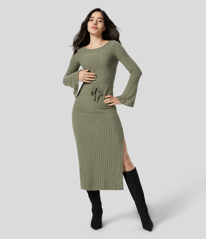 Women’s Ribbed Knit Boat Neck Split Flare Long Sleeve Bow Bodycon Midi Casual Dress - Halara 