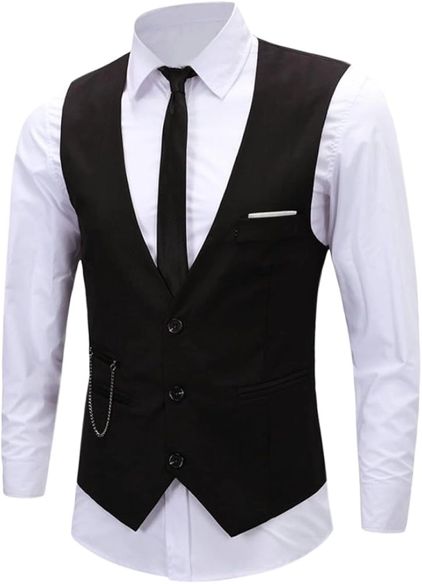 Chnli Men Formal Fit Vests Plain Casual Waistcoat Gilet V-Neck Sleeveless Business Wedding Slim Suit Jacket