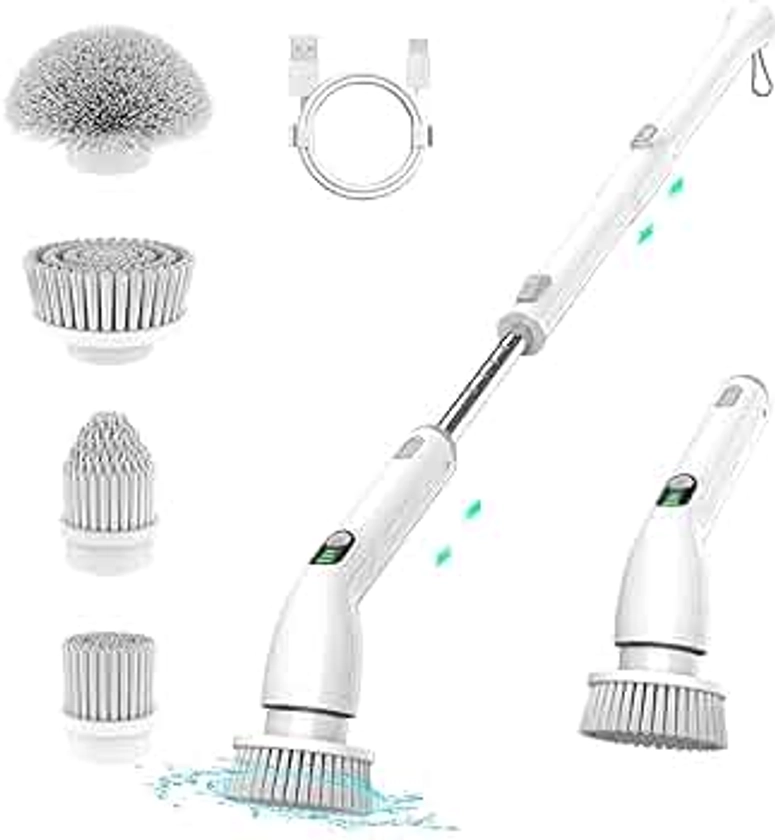 Electric Spin Scrubber, 2024 New Full-Body IPX7 Waterproof Cordless Bathroom Scrubber with 4 Replaceable Heads, Adjustable Extension Handle, Shower Cleaning Brush for Bathtub, Grout, Tile, Floor
