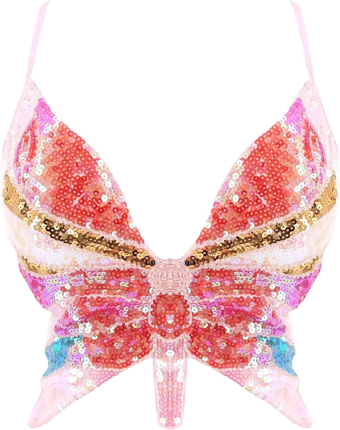 VURGER Womens Glitter Sequin Butterfly Crop Top Sparkly Tank Top Rave Tube Vest Top for Halloween Clubwear Belly Dance Costume Outfits (Pink) : Amazon.co.uk: Fashion