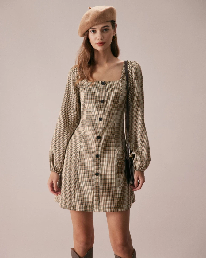 The Khaki Square Neck Plaid Button Mini Dress & Reviews - Khaki - Dresses | RIHOAS