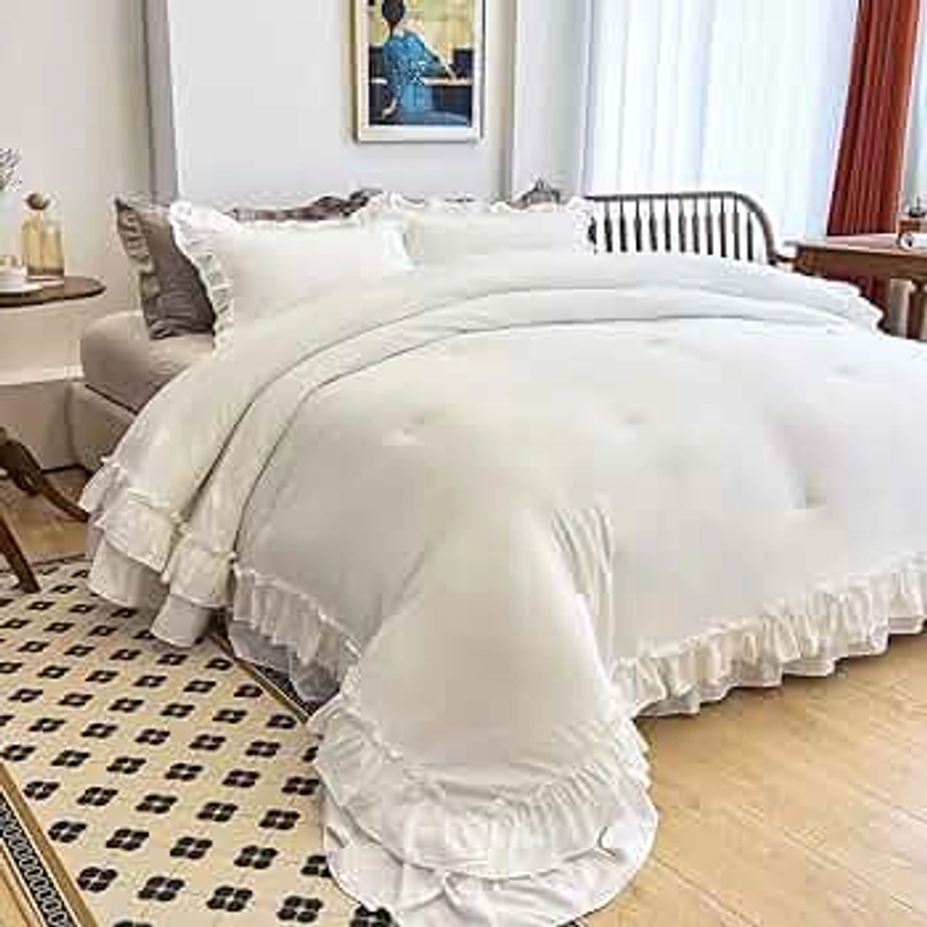 AIKASY White Comforters Queen Size Set, Vintage Boho Chic Farmhouse Bedding Sets Shabby Ruffle Queen Bed Comforter Bedding 3PCS（1 Comforter and 2 Pillowcases）