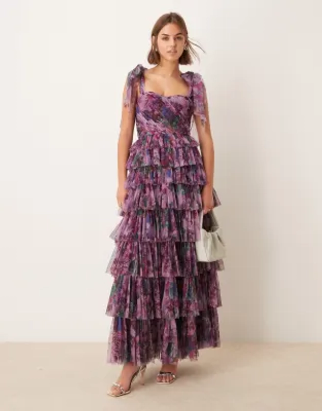 Lace & Beads bow shoulder tiered tulle maxi dress in purple floral | ASOS