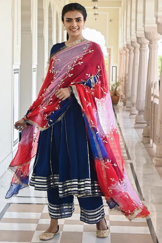 Gauri Deep Blue Flared Gota Kurta With Sharara & Dupatta