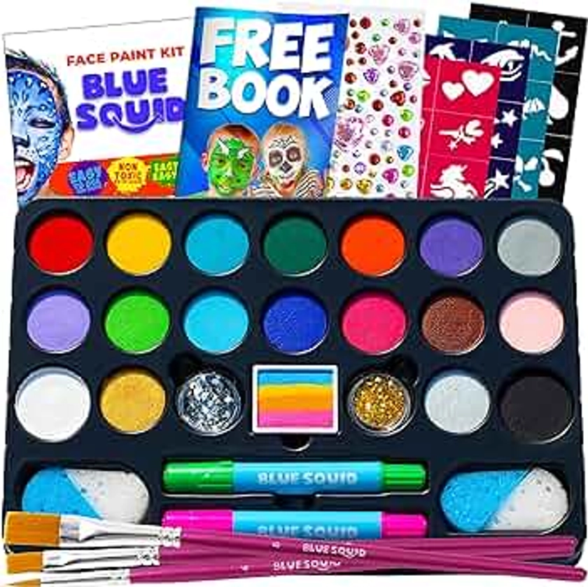 Blue Squid Face Painting Kit for Kids – 22 Colors 160pc Ultimate Face Paint Kit, Stencils, Book - Safe for Sensitive Skin, Non Toxic Face Painting Kit Professional - Kids Party, Halloween Makeup Kit