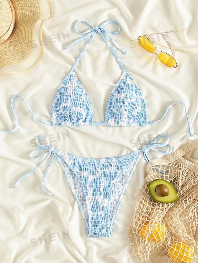 Smocked Tie Side Halter Triangle Bikini Swimsuit