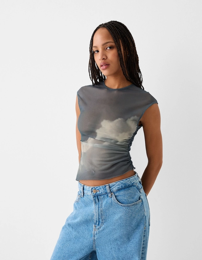 Printed sleeveless tulle T-shirt - Tops and bodysuits - Women