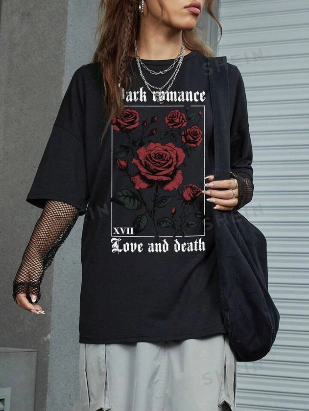 ROMWE Goth Camiseta gótica oversize con gran estampado de rosa para el Día de San Valentín, romántica oscura XVII amor y muerte, escuela