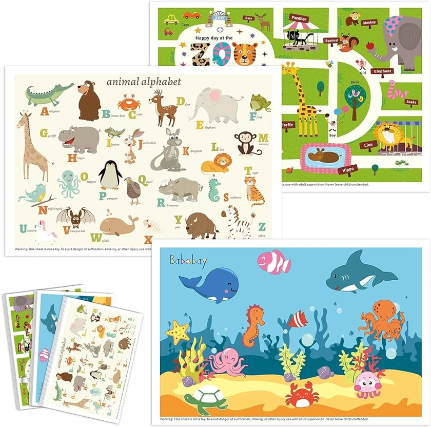 Amazon.com : Babebay Disposable Placemats for Baby, 60 Pack Sticky Toddler Placemat for Restaurants, Dining Table, Party, Travel, 12" x 18" with 3 Designs : Baby