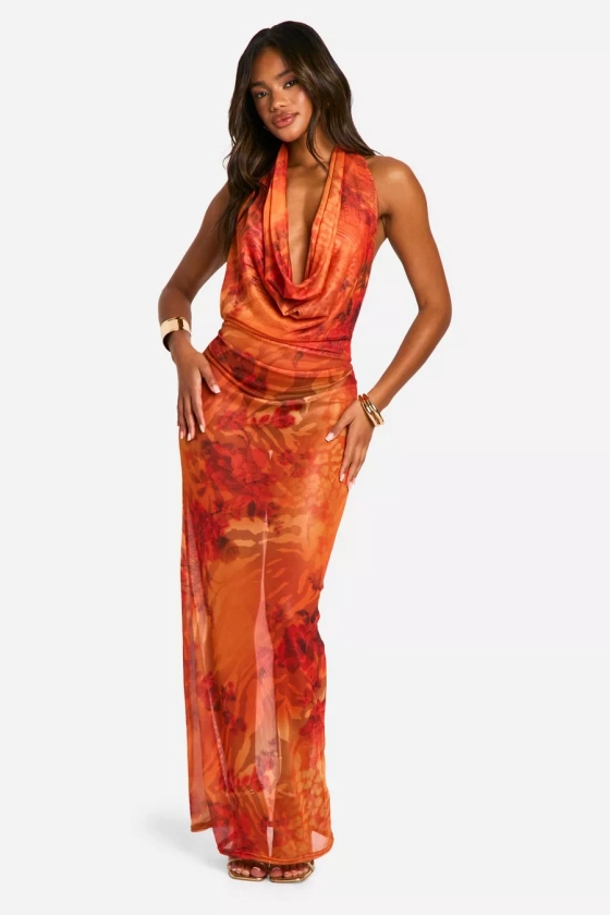 Floral Mesh Extreme Cowl Neck Maxi Dress