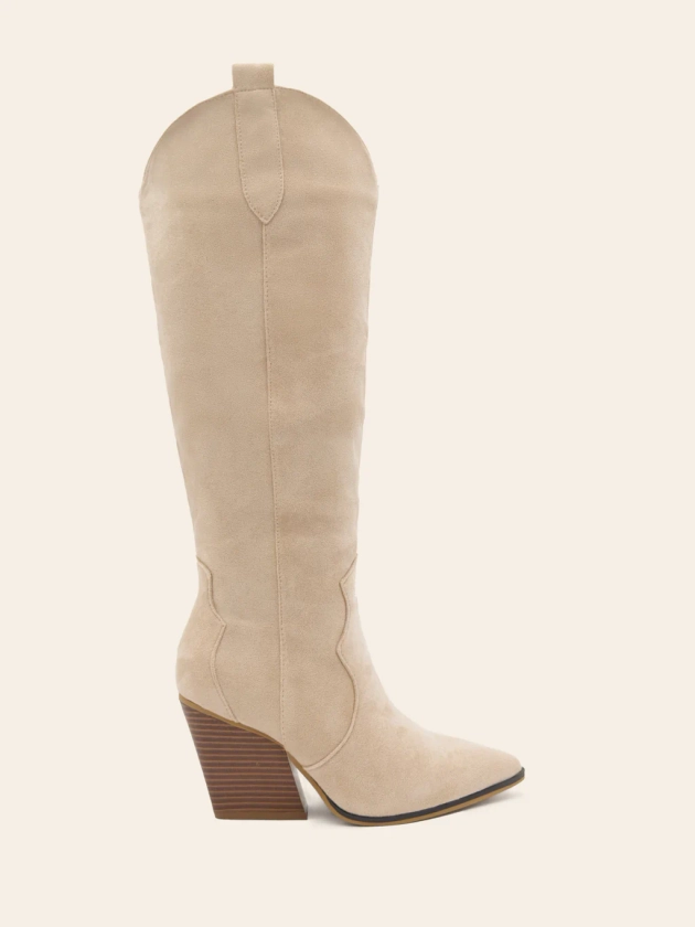 TAYLOR - Bottes à talon et bout pointu en suédine beige style cowboy